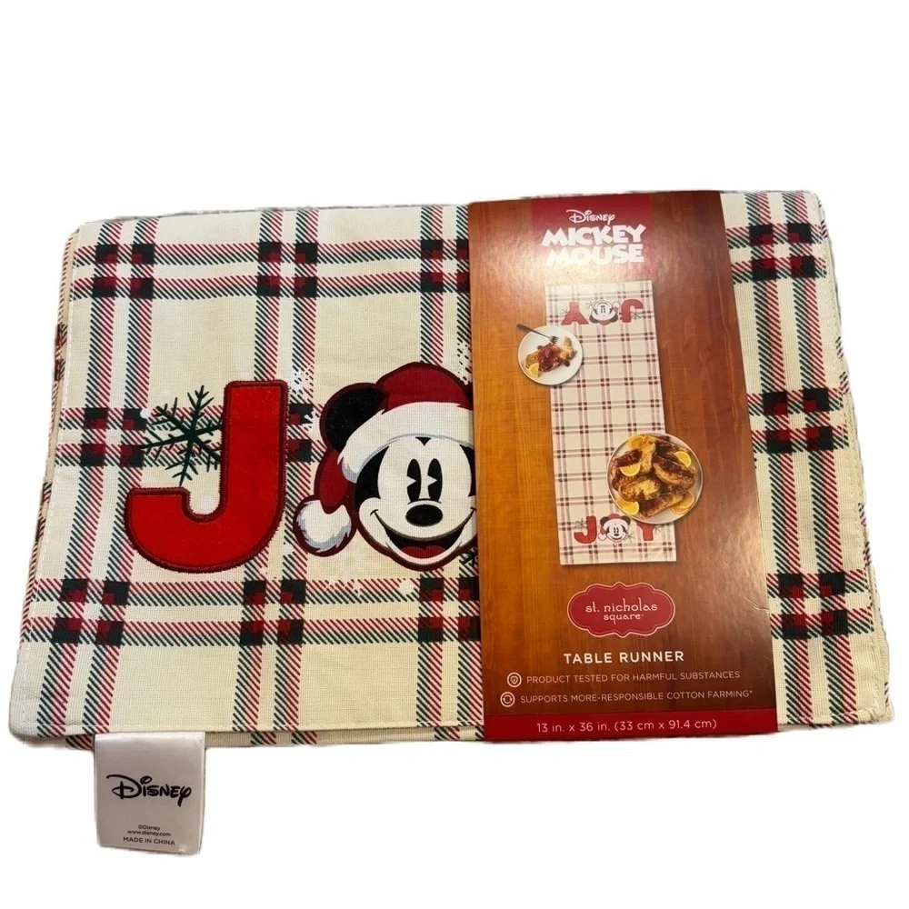 Disney Mickey Mouse Joy Table Runner NEW Christmas Santa Plaid Red Green